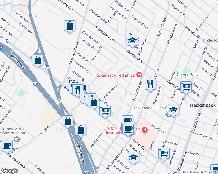 map of restaurants, bars, coffee shops, grocery stores, and more near 48 Berkshire Place in Hackensack