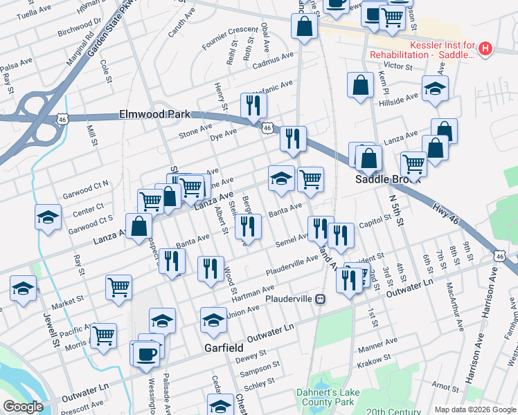 map of restaurants, bars, coffee shops, grocery stores, and more near 412 Banta Avenue in Garfield