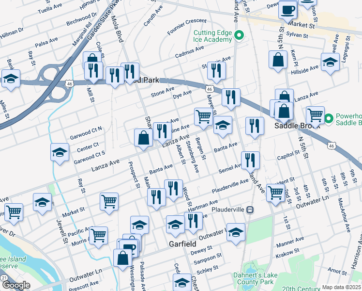 map of restaurants, bars, coffee shops, grocery stores, and more near 55 Albert Street in Garfield