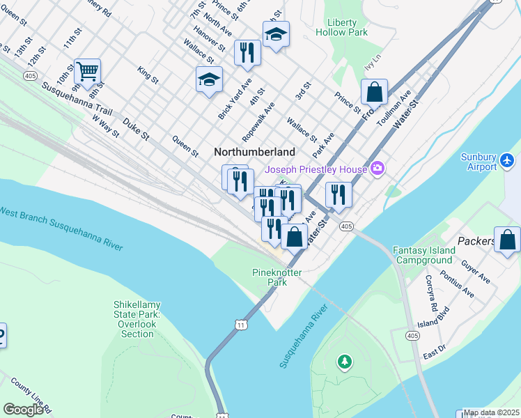 map of restaurants, bars, coffee shops, grocery stores, and more near 158 Duke Street in Northumberland