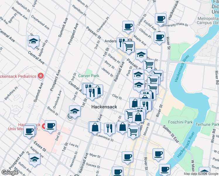 map of restaurants, bars, coffee shops, grocery stores, and more near 163 Clay Street in Hackensack