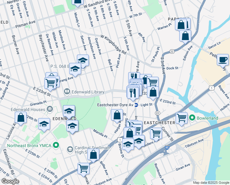 map of restaurants, bars, coffee shops, grocery stores, and more near 1456 East 233rd Street in The Bronx