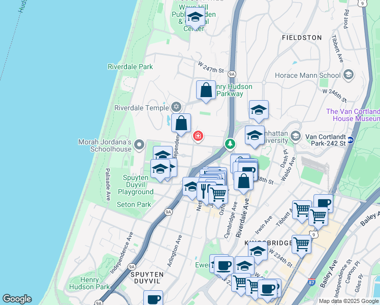 map of restaurants, bars, coffee shops, grocery stores, and more near 3725 Blackstone Avenue in Bronx