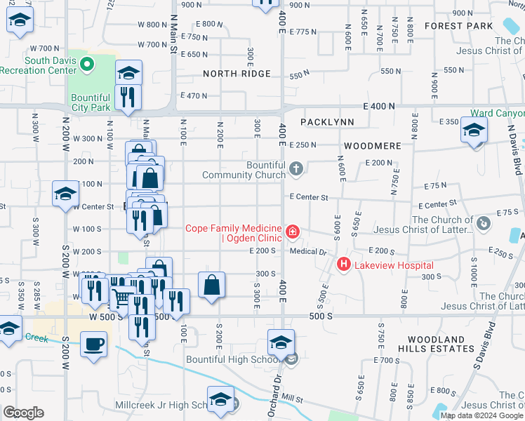 map of restaurants, bars, coffee shops, grocery stores, and more near 314 East Center Street in Bountiful