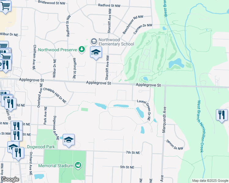map of restaurants, bars, coffee shops, grocery stores, and more near 1265 Wynnridge Avenue Northeast in North Canton