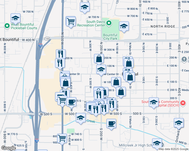map of restaurants, bars, coffee shops, grocery stores, and more near 68 South 200 West in Bountiful