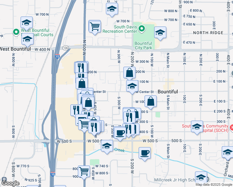 map of restaurants, bars, coffee shops, grocery stores, and more near 62 South 300 West in Bountiful