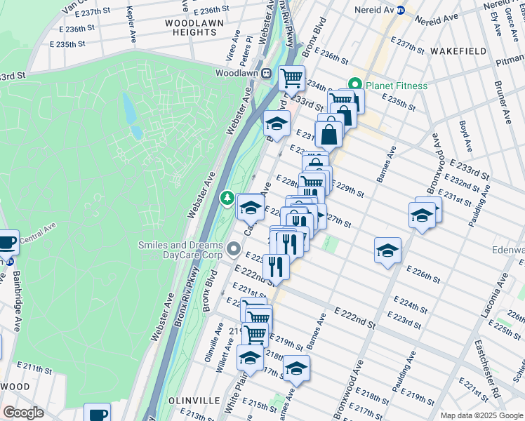 map of restaurants, bars, coffee shops, grocery stores, and more near in The Bronx