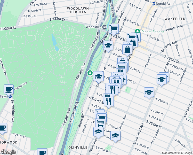 map of restaurants, bars, coffee shops, grocery stores, and more near 3950 Bronx Boulevard in The Bronx