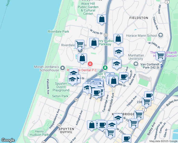 map of restaurants, bars, coffee shops, grocery stores, and more near 3701 Henry Hudson Parkway in Bronx