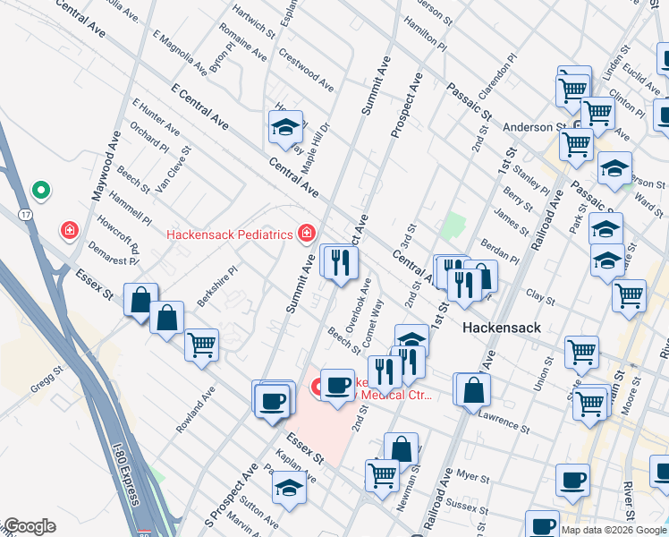 map of restaurants, bars, coffee shops, grocery stores, and more near 151 Prospect Avenue in Hackensack