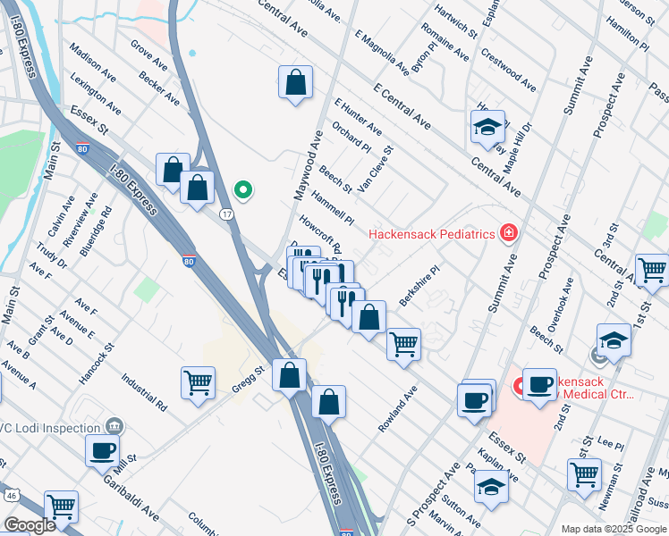 map of restaurants, bars, coffee shops, grocery stores, and more near 20 Maybrook Drive in Maywood