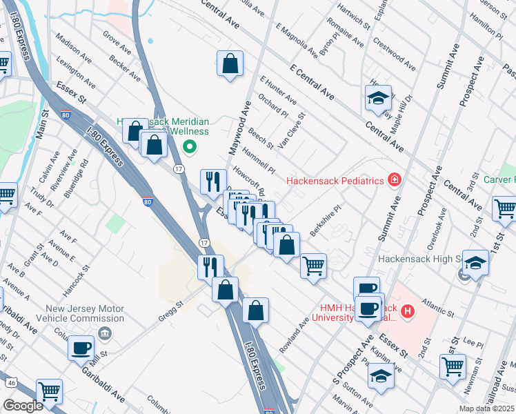 map of restaurants, bars, coffee shops, grocery stores, and more near 20 Maybrook Drive in Maywood