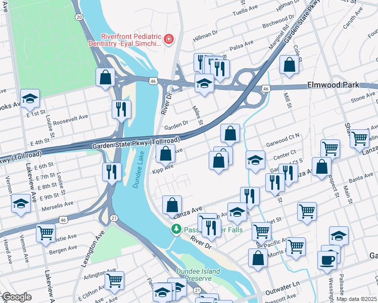 map of restaurants, bars, coffee shops, grocery stores, and more near 68 Kipp Avenue in Elmwood Park