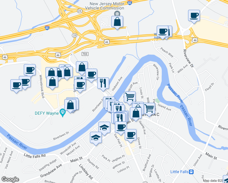 map of restaurants, bars, coffee shops, grocery stores, and more near 110 East Woodcliff Avenue in Little Falls