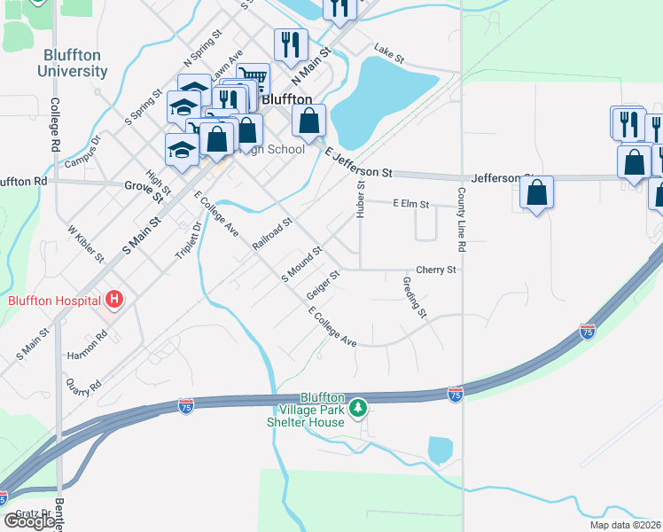 map of restaurants, bars, coffee shops, grocery stores, and more near 408 Cherry St in Bluffton
