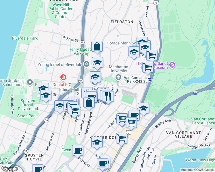 map of restaurants, bars, coffee shops, grocery stores, and more near 3900 Greystone Avenue in Bronx