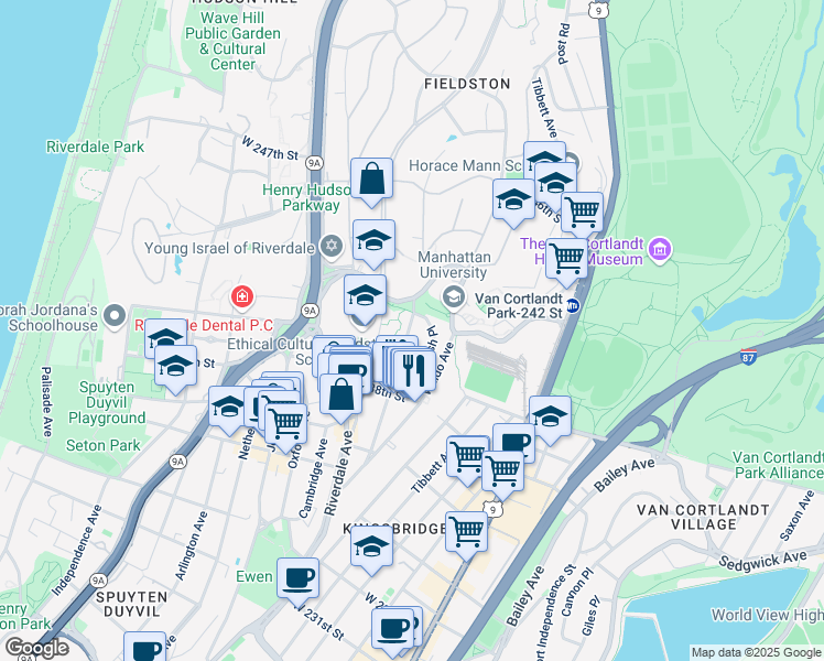 map of restaurants, bars, coffee shops, grocery stores, and more near 3900 Greystone Avenue in The Bronx