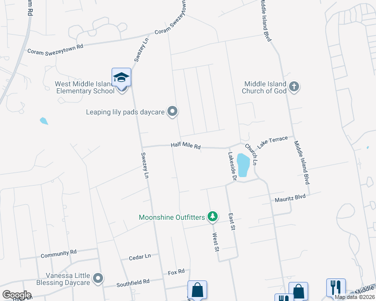map of restaurants, bars, coffee shops, grocery stores, and more near 9 Swezeytown Road South in Middle Island