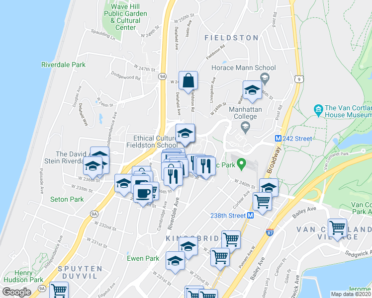 map of restaurants, bars, coffee shops, grocery stores, and more near 3901 Fieldston Road in Bronx