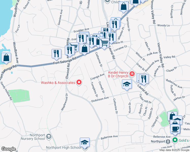 map of restaurants, bars, coffee shops, grocery stores, and more near 57 Tompkins Street in East Northport