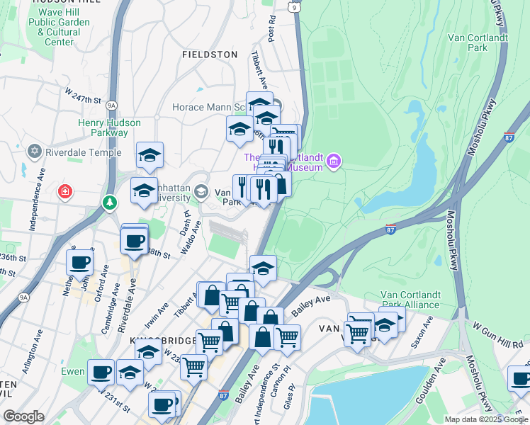 map of restaurants, bars, coffee shops, grocery stores, and more near 5959 Broadway in The Bronx