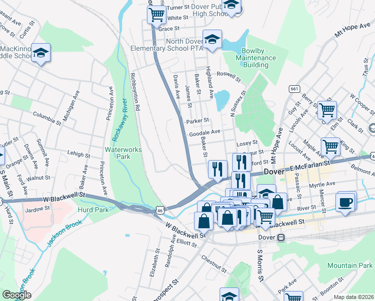 map of restaurants, bars, coffee shops, grocery stores, and more near 100 West Clinton Street in Dover