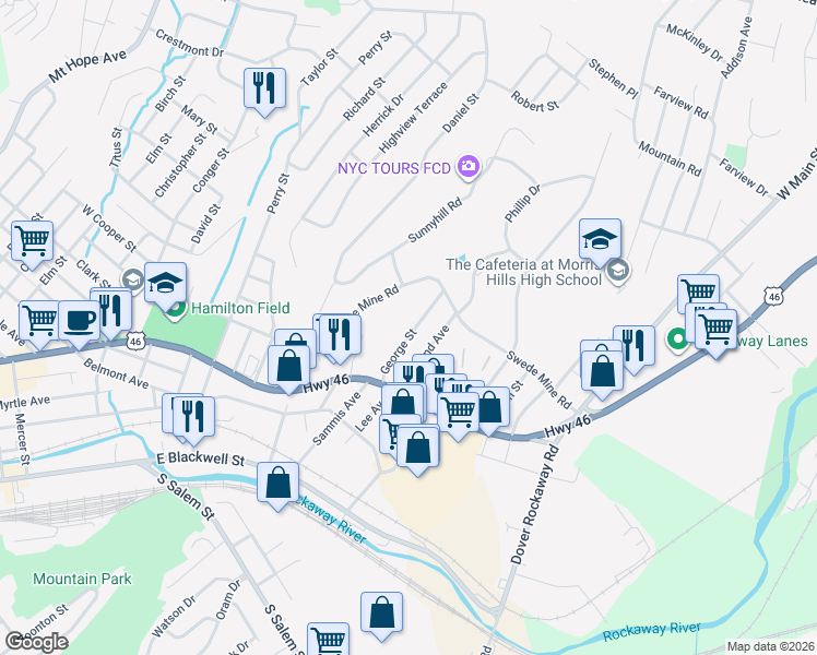map of restaurants, bars, coffee shops, grocery stores, and more near 15 George Street in Dover