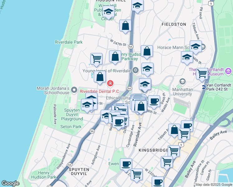 map of restaurants, bars, coffee shops, grocery stores, and more near 4055 Henry Hudson Parkway West in The Bronx