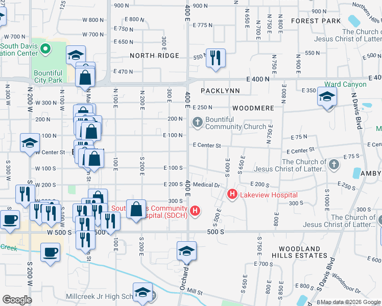 map of restaurants, bars, coffee shops, grocery stores, and more near 445 East Center Street in Bountiful