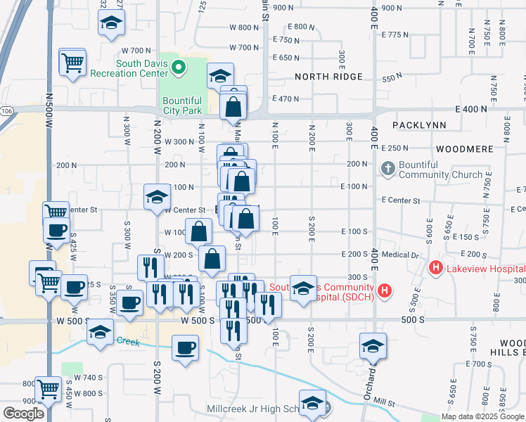 map of restaurants, bars, coffee shops, grocery stores, and more near 70 East 100 North in Bountiful