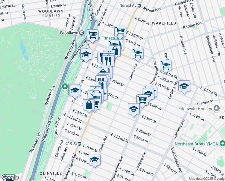 map of restaurants, bars, coffee shops, grocery stores, and more near 717 East 228th Street in The Bronx