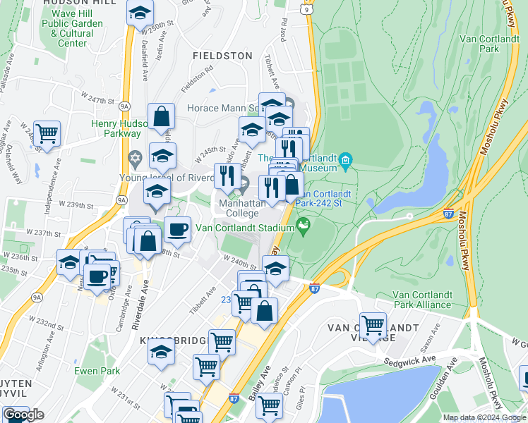 map of restaurants, bars, coffee shops, grocery stores, and more near 4481 Manhattan College Parkway in Bronx