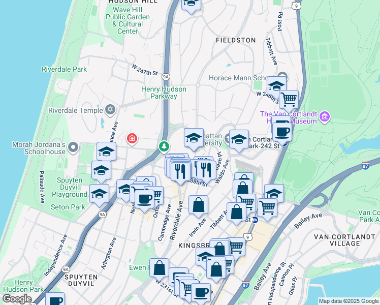 map of restaurants, bars, coffee shops, grocery stores, and more near 3901 Fieldston Rd in Bronx