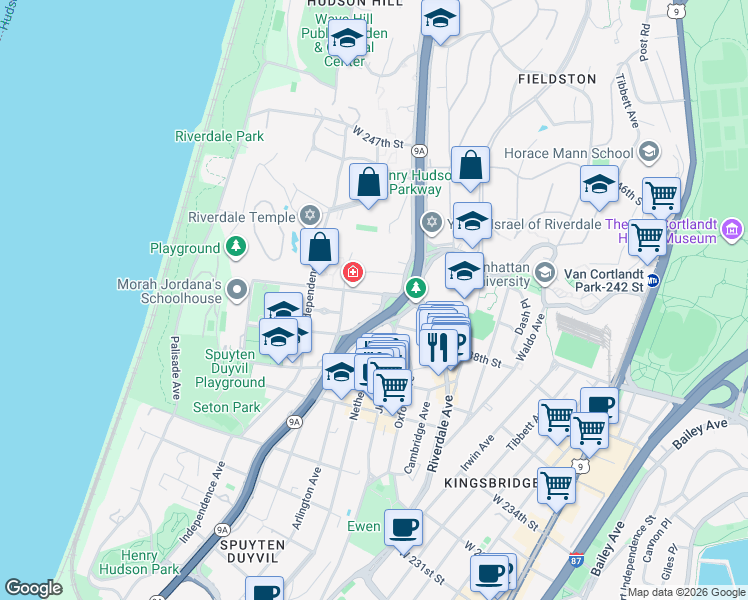map of restaurants, bars, coffee shops, grocery stores, and more near in The Bronx