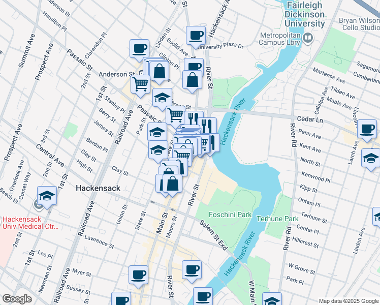 map of restaurants, bars, coffee shops, grocery stores, and more near in Hackensack