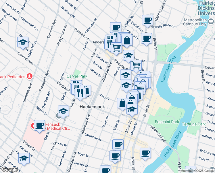 map of restaurants, bars, coffee shops, grocery stores, and more near 348 Railroad Avenue in Hackensack
