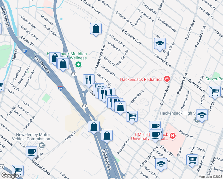 map of restaurants, bars, coffee shops, grocery stores, and more near 72 Howcroft Road in Maywood