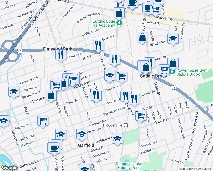 map of restaurants, bars, coffee shops, grocery stores, and more near 75 Alpine Street in Garfield