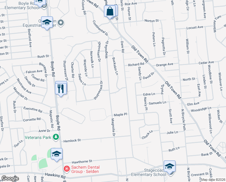 map of restaurants, bars, coffee shops, grocery stores, and more near 352 Magnolia Drive in Selden
