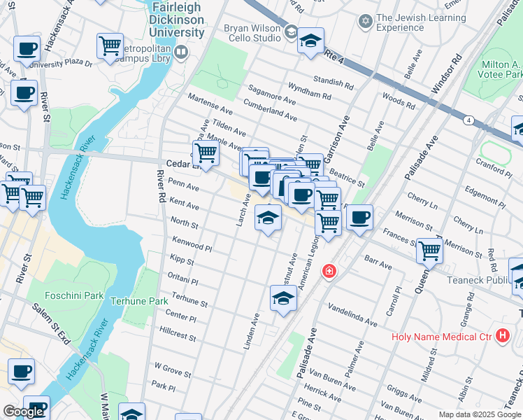 map of restaurants, bars, coffee shops, grocery stores, and more near 744 Elm Avenue in Teaneck