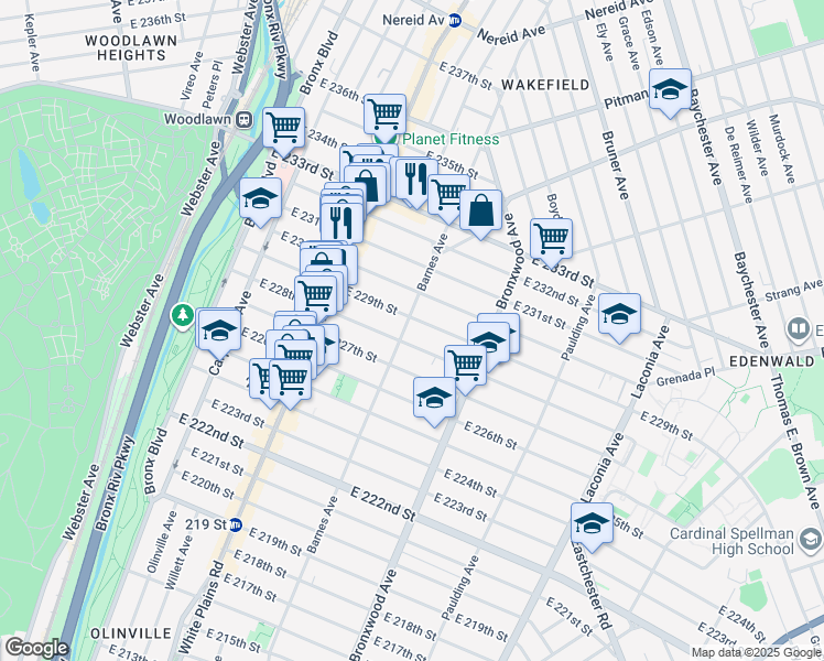 map of restaurants, bars, coffee shops, grocery stores, and more near 4112 Barnes Avenue in Bronx