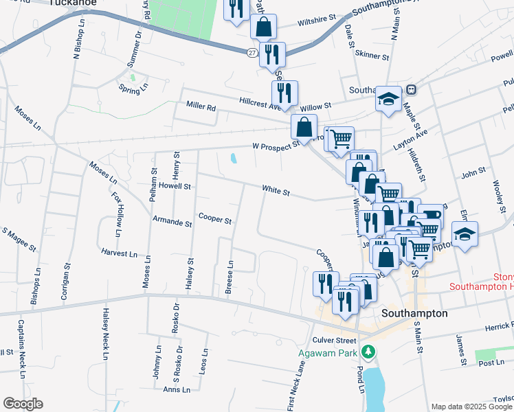 map of restaurants, bars, coffee shops, grocery stores, and more near 150 Coopers Farm Road in Southampton