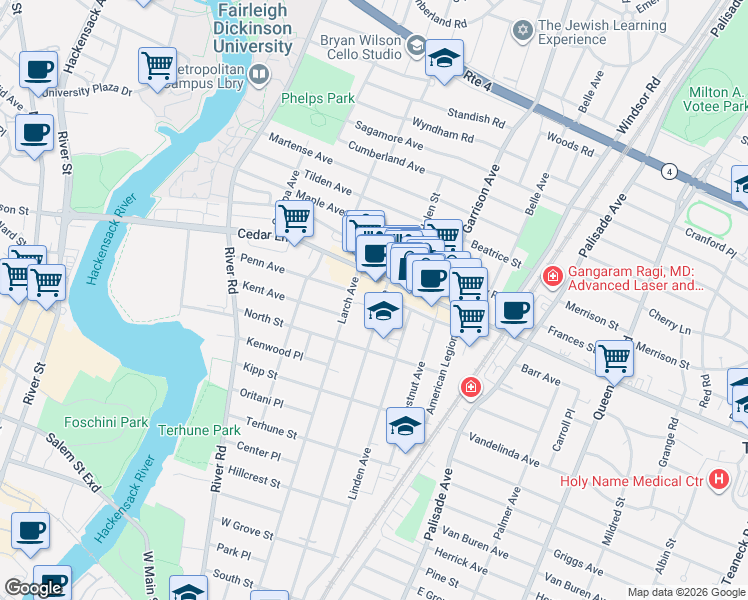 map of restaurants, bars, coffee shops, grocery stores, and more near 556 Cedar Lane in Teaneck