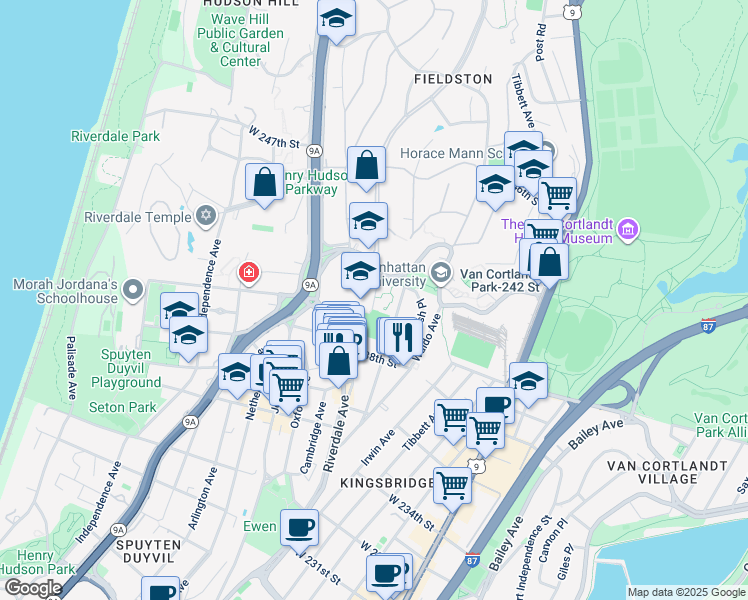 map of restaurants, bars, coffee shops, grocery stores, and more near 3900 Fieldston Road in Bronx