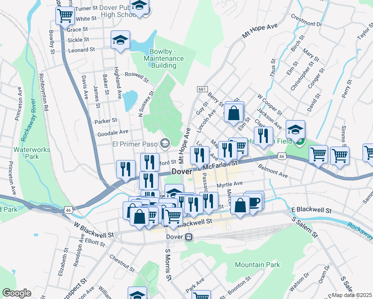 map of restaurants, bars, coffee shops, grocery stores, and more near 65 Mount Hope Avenue in Dover