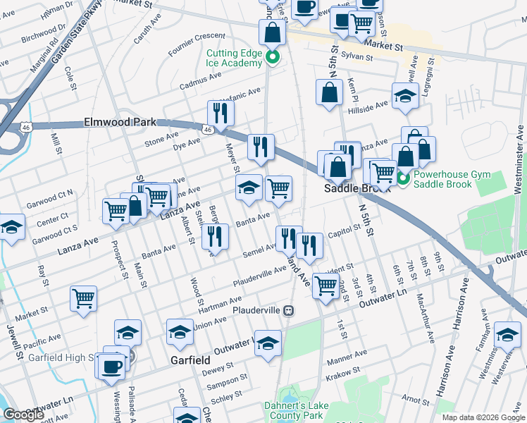 map of restaurants, bars, coffee shops, grocery stores, and more near 66 Davison Street in Garfield
