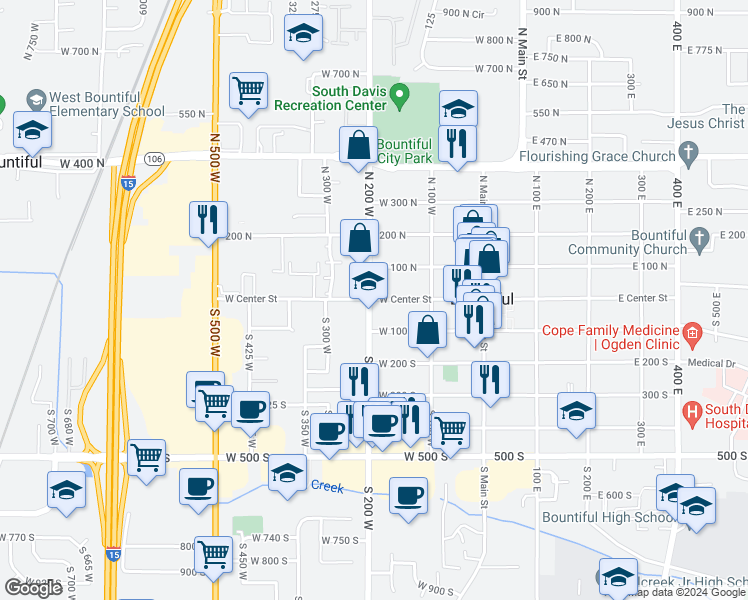 map of restaurants, bars, coffee shops, grocery stores, and more near 3 South 200 West in Bountiful