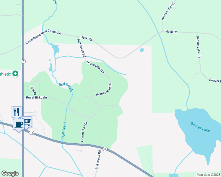 map of restaurants, bars, coffee shops, grocery stores, and more near 232 Homestead Drive in Columbiana