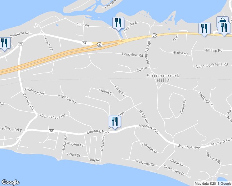 map of restaurants, bars, coffee shops, grocery stores, and more near 77 Ridge Road in Southampton